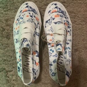 Blowfish White Canvas Slip-On Flats with Blue and Orange Print